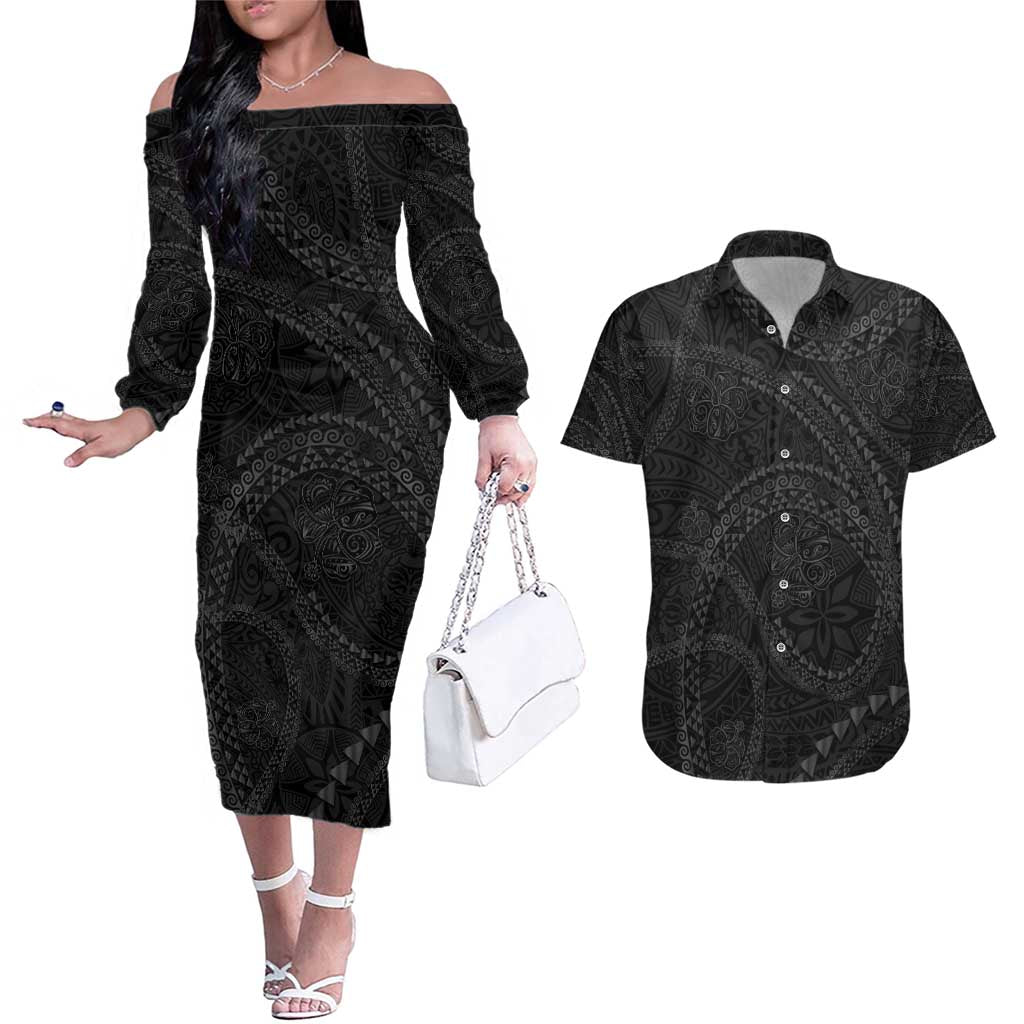 Hawaiian Kakau Art and Hisbiscus Tattoo Couples Matching Off The Shoulder Long Sleeve Dress and Hawaiian Shirt Tribal Pattern-Black Gradient Style LT03 Black - Polynesian Pride