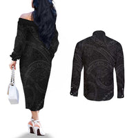 Hawaiian Kakau Art and Hisbiscus Tattoo Couples Matching Off The Shoulder Long Sleeve Dress and Long Sleeve Button Shirt Tribal Pattern-Black Gradient Style LT03 - Polynesian Pride