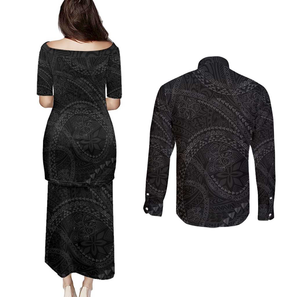 Hawaiian Kakau Art and Hisbiscus Tattoo Couples Matching Puletasi and Long Sleeve Button Shirt Tribal Pattern-Black Gradient Style - Polynesian Pride