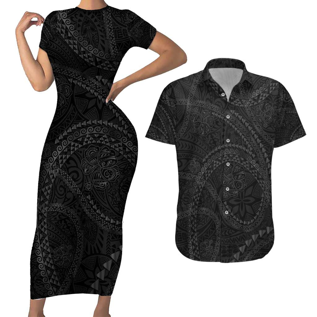 Hawaiian Kakau Art and Hisbiscus Tattoo Couples Matching Short Sleeve Bodycon Dress and Hawaiian Shirt Tribal Pattern-Black Gradient Style LT03 Black - Polynesian Pride