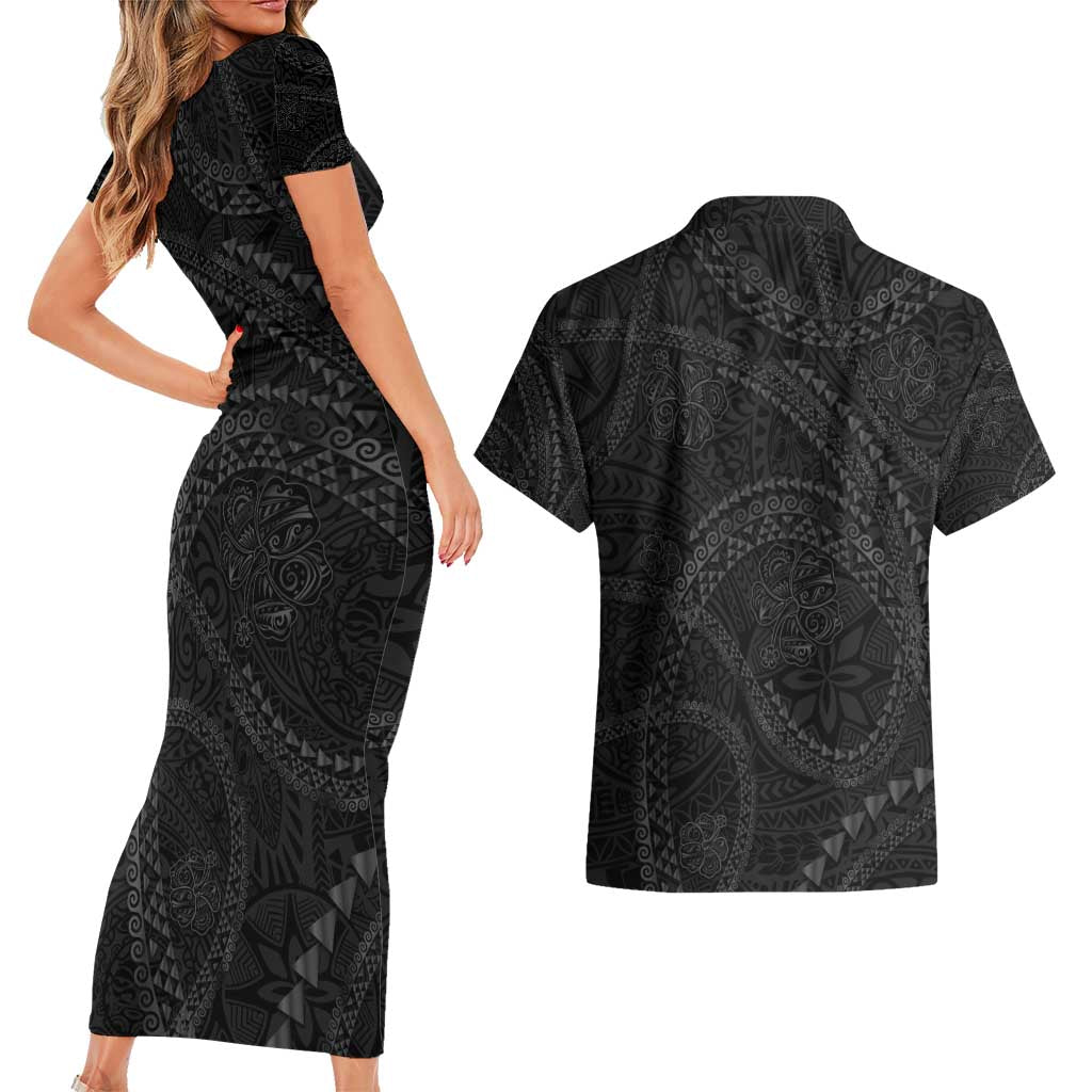 Hawaiian Kakau Art and Hisbiscus Tattoo Couples Matching Short Sleeve Bodycon Dress and Hawaiian Shirt Tribal Pattern-Black Gradient Style LT03 - Polynesian Pride
