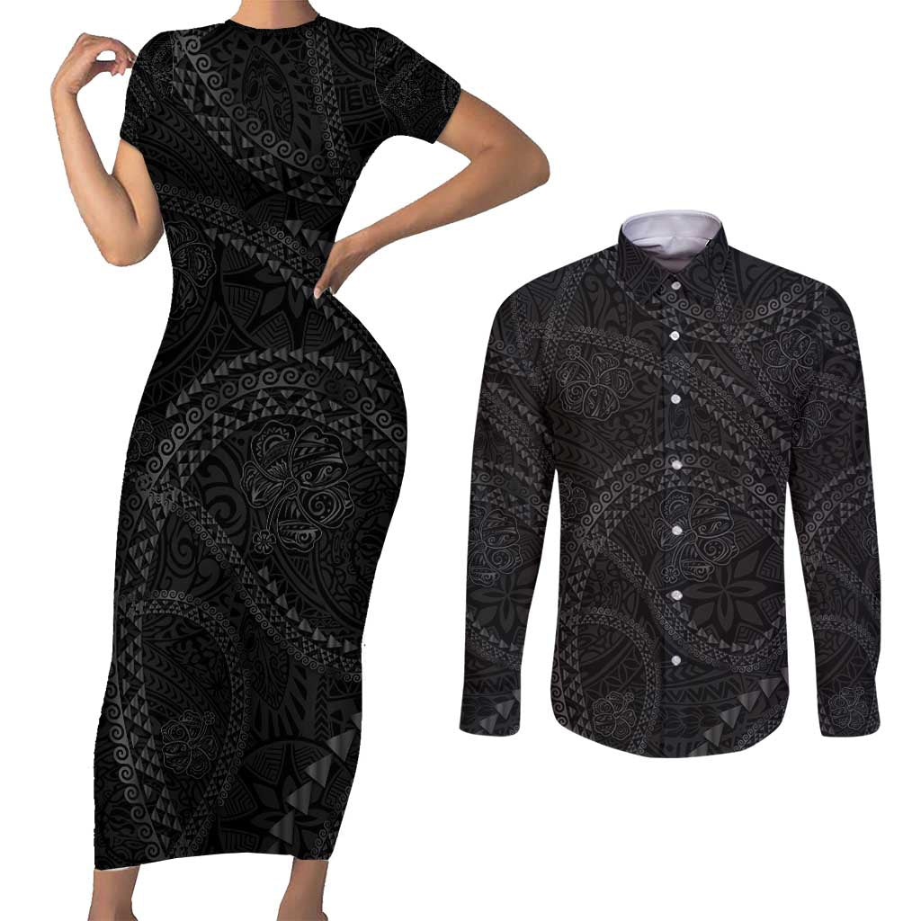Hawaiian Kakau Art and Hisbiscus Tattoo Couples Matching Short Sleeve Bodycon Dress and Long Sleeve Button Shirt Tribal Pattern-Black Gradient Style LT03 Black - Polynesian Pride