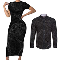 Hawaiian Kakau Art and Hisbiscus Tattoo Couples Matching Short Sleeve Bodycon Dress and Long Sleeve Button Shirt Tribal Pattern-Black Gradient Style LT03 Black - Polynesian Pride