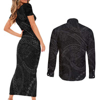Hawaiian Kakau Art and Hisbiscus Tattoo Couples Matching Short Sleeve Bodycon Dress and Long Sleeve Button Shirt Tribal Pattern-Black Gradient Style LT03 - Polynesian Pride