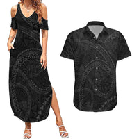 Hawaiian Kakau Art and Hisbiscus Tattoo Couples Matching Summer Maxi Dress and Hawaiian Shirt Tribal Pattern-Black Gradient Style LT03 Black - Polynesian Pride
