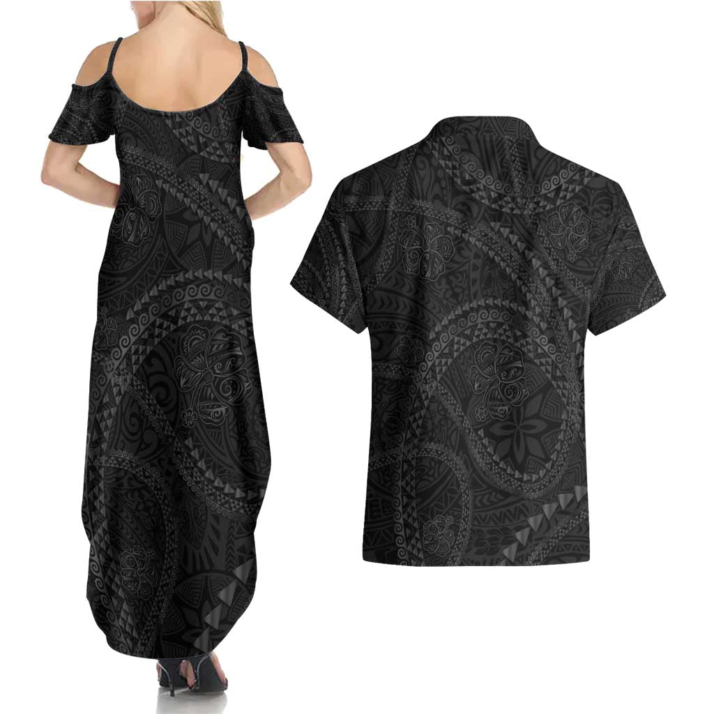 Hawaiian Kakau Art and Hisbiscus Tattoo Couples Matching Summer Maxi Dress and Hawaiian Shirt Tribal Pattern-Black Gradient Style LT03 - Polynesian Pride