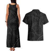 Hawaiian Kakau Art and Hisbiscus Tattoo Couples Matching Tank Maxi Dress and Hawaiian Shirt Tribal Pattern-Black Gradient Style LT03 - Polynesian Pride