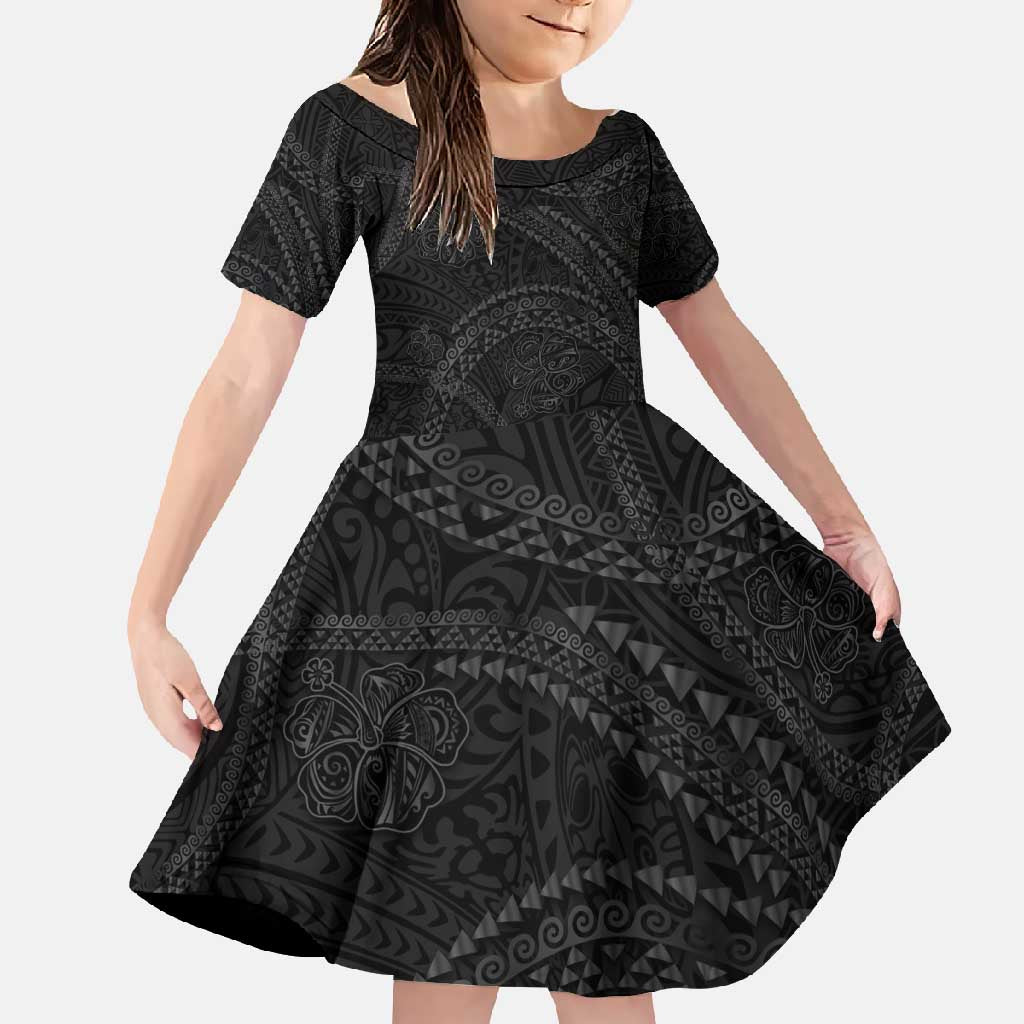 Hawaiian Kakau Art and Hisbiscus Tattoo Family Matching Long Sleeve Bodycon Dress and Hawaiian Shirt Tribal Pattern-Black Gradient Style LT03 Daughter's Dress Black - Polynesian Pride
