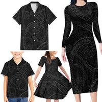 Hawaiian Kakau Art and Hisbiscus Tattoo Family Matching Long Sleeve Bodycon Dress and Hawaiian Shirt Tribal Pattern-Black Gradient Style LT03 - Polynesian Pride