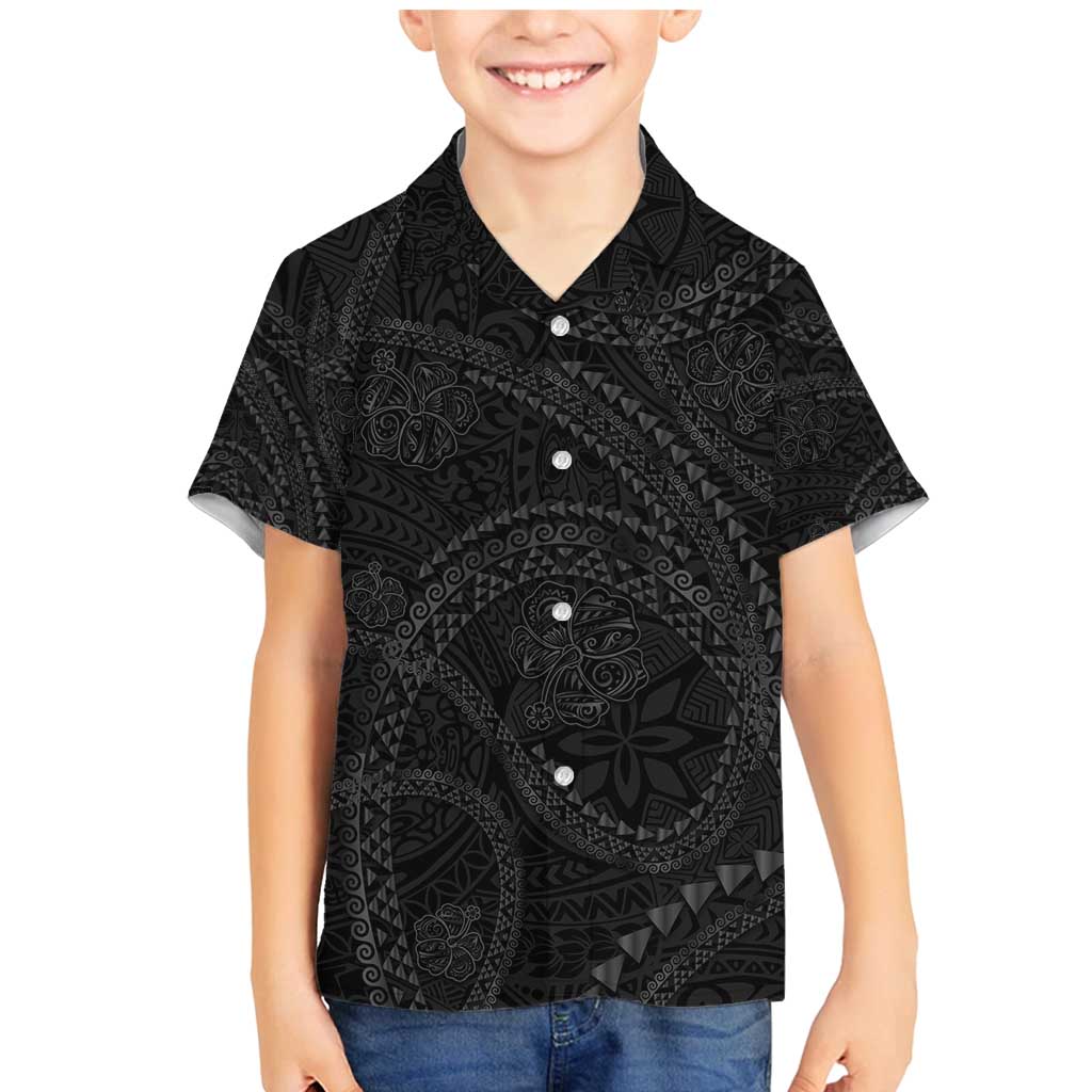 Hawaiian Kakau Art and Hisbiscus Tattoo Family Matching Mermaid Dress and Hawaiian Shirt Tribal Pattern-Black Gradient Style LT03 Son's Shirt Black - Polynesian Pride