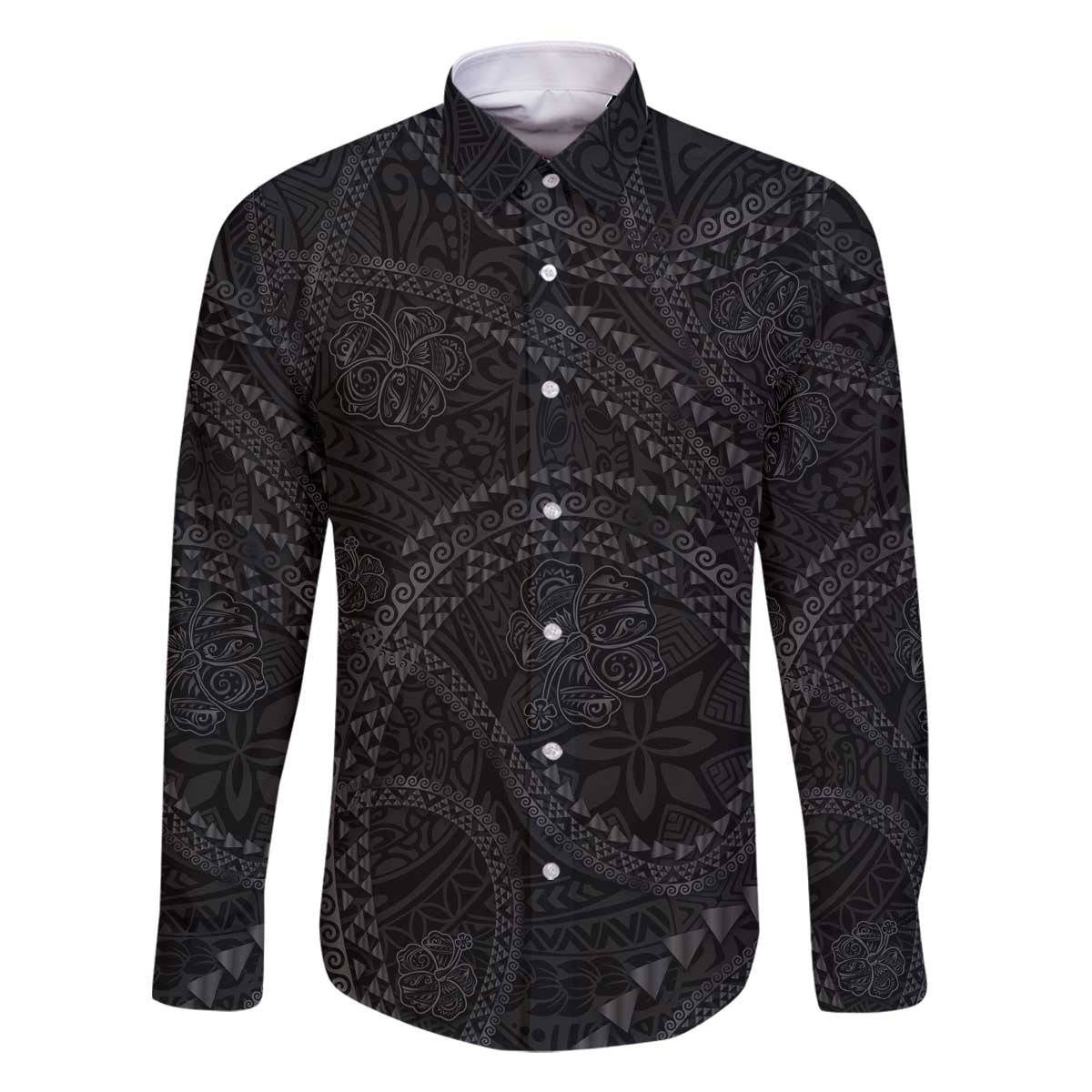 Hawaiian Kakau Art and Hisbiscus Tattoo Family Matching Off The Shoulder Long Sleeve Dress and Hawaiian Shirt Tribal Pattern-Black Gradient Style LT03 Dad's Shirt - Long Sleeve Black - Polynesian Pride