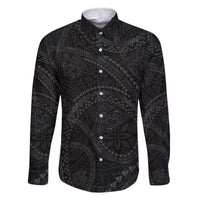 Hawaiian Kakau Art and Hisbiscus Tattoo Family Matching Off The Shoulder Long Sleeve Dress and Hawaiian Shirt Tribal Pattern-Black Gradient Style LT03 Dad's Shirt - Long Sleeve Black - Polynesian Pride