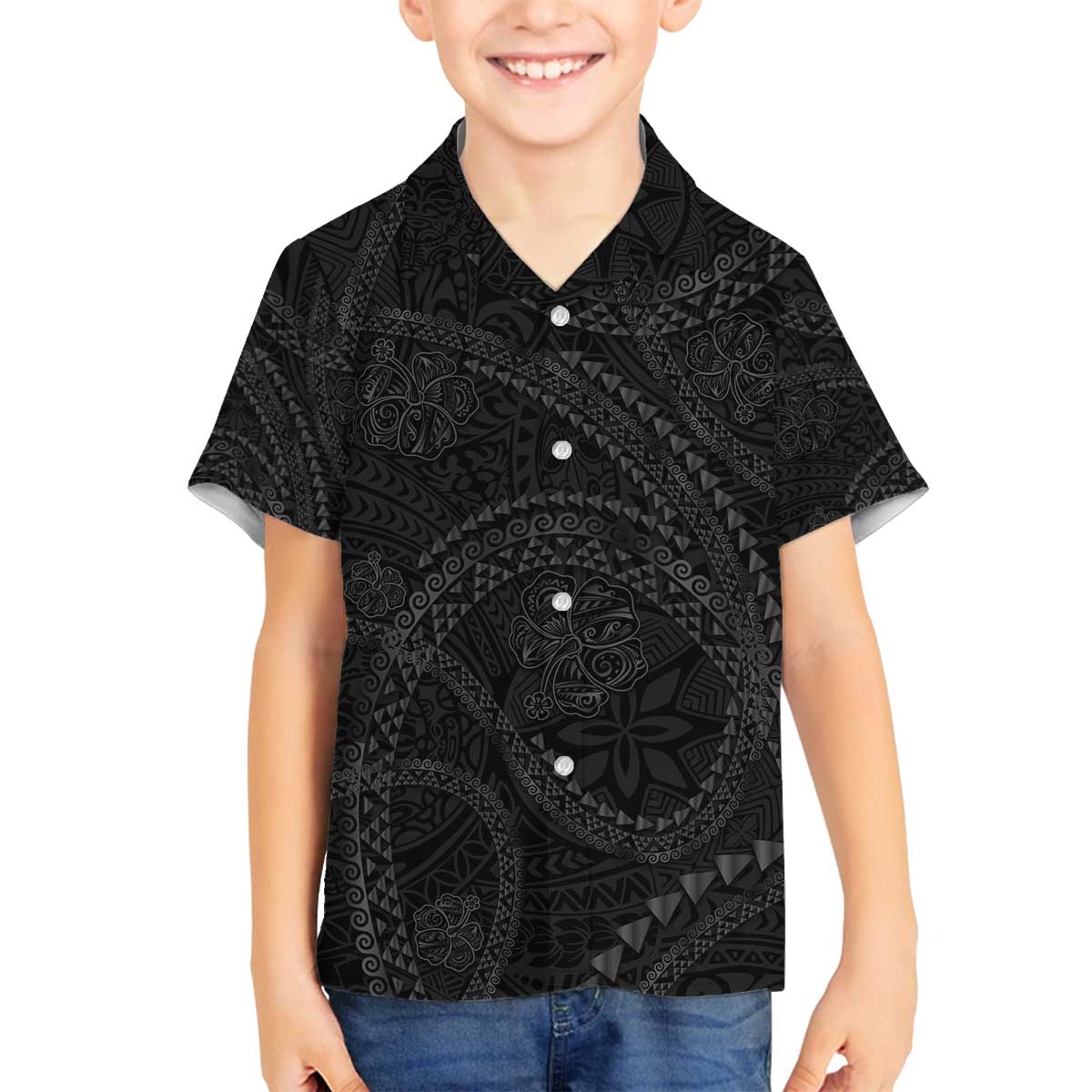 Hawaiian Kakau Art and Hisbiscus Tattoo Family Matching Off The Shoulder Long Sleeve Dress and Hawaiian Shirt Tribal Pattern-Black Gradient Style LT03 Son's Shirt Black - Polynesian Pride