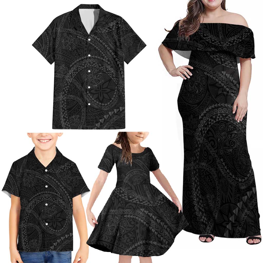 Hawaiian Kakau Art and Hisbiscus Tattoo Family Matching Off Shoulder Maxi Dress and Hawaiian Shirt Tribal Pattern-Black Gradient Style LT03 - Polynesian Pride