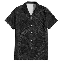 Hawaiian Kakau Art and Hisbiscus Tattoo Family Matching Off Shoulder Maxi Dress and Hawaiian Shirt Tribal Pattern-Black Gradient Style LT03 Dad's Shirt - Short Sleeve Black - Polynesian Pride