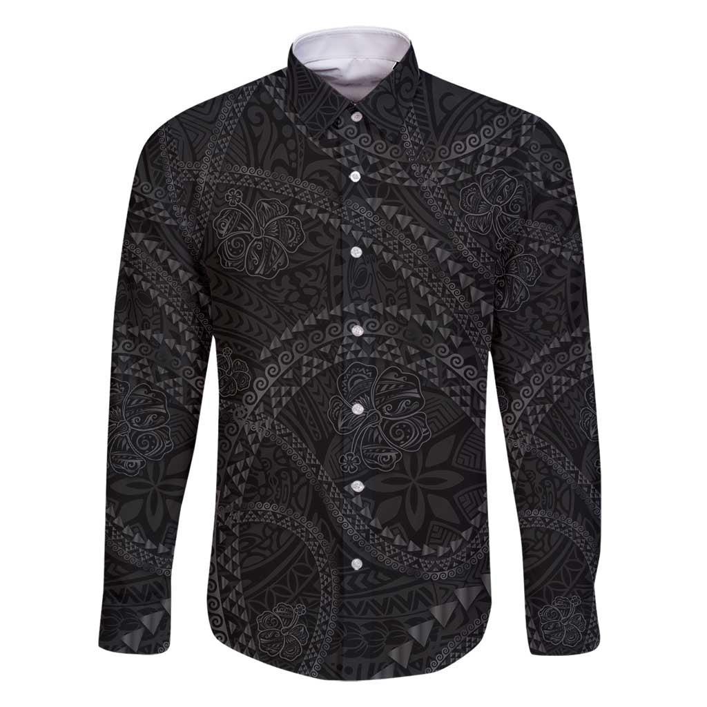 Hawaiian Kakau Art and Hisbiscus Tattoo Family Matching Off Shoulder Maxi Dress and Hawaiian Shirt Tribal Pattern-Black Gradient Style LT03 Dad's Shirt - Long Sleeve Black - Polynesian Pride