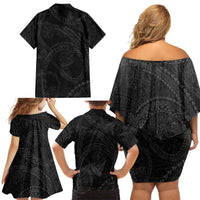 Hawaiian Kakau Art and Hisbiscus Tattoo Family Matching Off Shoulder Short Dress and Hawaiian Shirt Tribal Pattern-Black Gradient Style LT03 - Polynesian Pride