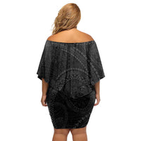 Hawaiian Kakau Art and Hisbiscus Tattoo Family Matching Off Shoulder Short Dress and Hawaiian Shirt Tribal Pattern-Black Gradient Style LT03 - Polynesian Pride