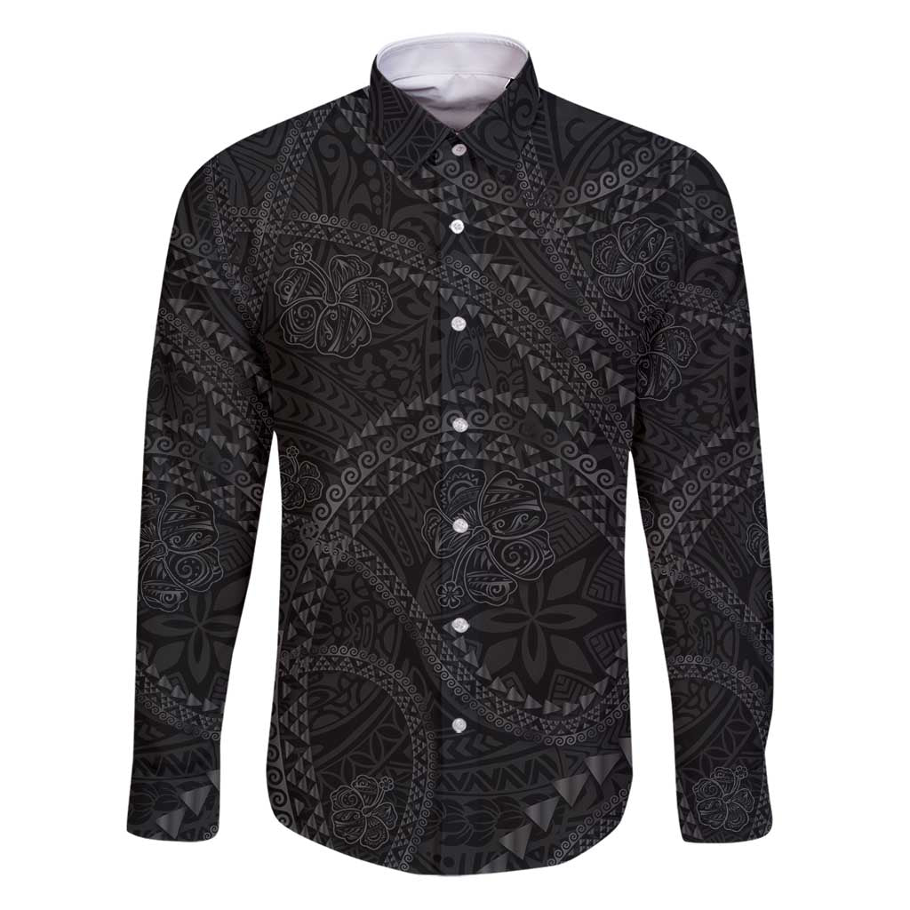 Hawaiian Kakau Art and Hisbiscus Tattoo Family Matching Puletasi and Hawaiian Shirt Tribal Pattern-Black Gradient Style LT03 Dad's Shirt - Long Sleeve Black - Polynesian Pride