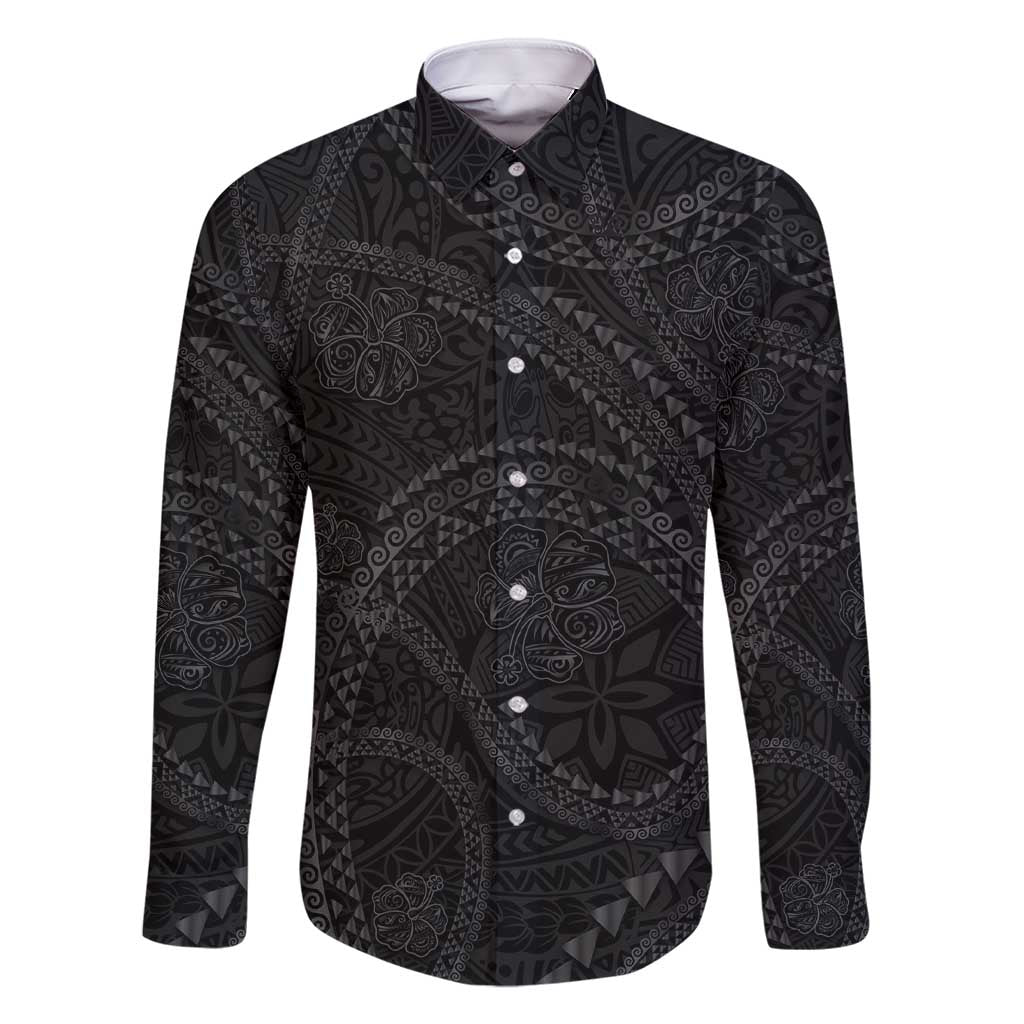 Hawaiian Kakau Art and Hisbiscus Tattoo Family Matching Short Sleeve Bodycon Dress and Hawaiian Shirt Tribal Pattern-Black Gradient Style LT03 Dad's Shirt - Long Sleeve Black - Polynesian Pride