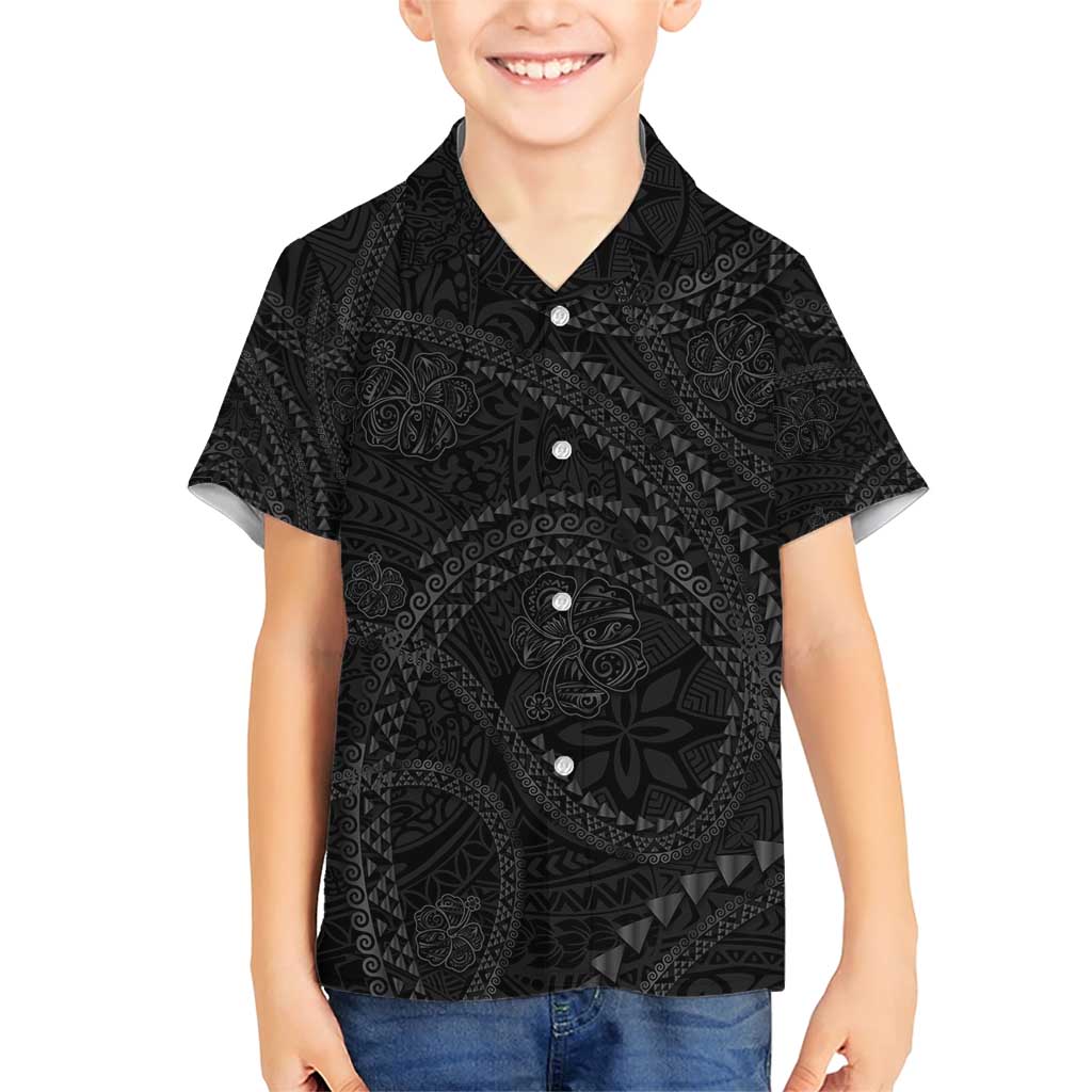 Hawaiian Kakau Art and Hisbiscus Tattoo Family Matching Short Sleeve Bodycon Dress and Hawaiian Shirt Tribal Pattern-Black Gradient Style LT03 Son's Shirt Black - Polynesian Pride