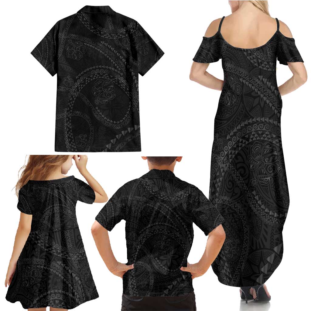 Hawaiian Kakau Art and Hisbiscus Tattoo Family Matching Summer Maxi Dress and Hawaiian Shirt Tribal Pattern-Black Gradient Style LT03 - Polynesian Pride