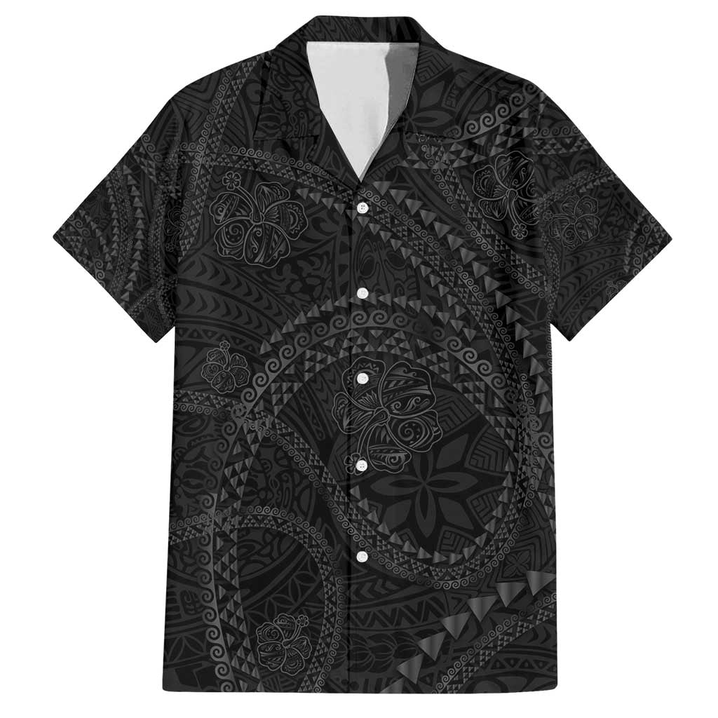 Hawaiian Kakau Art and Hisbiscus Tattoo Family Matching Summer Maxi Dress and Hawaiian Shirt Tribal Pattern-Black Gradient Style LT03 Dad's Shirt - Short Sleeve Black - Polynesian Pride