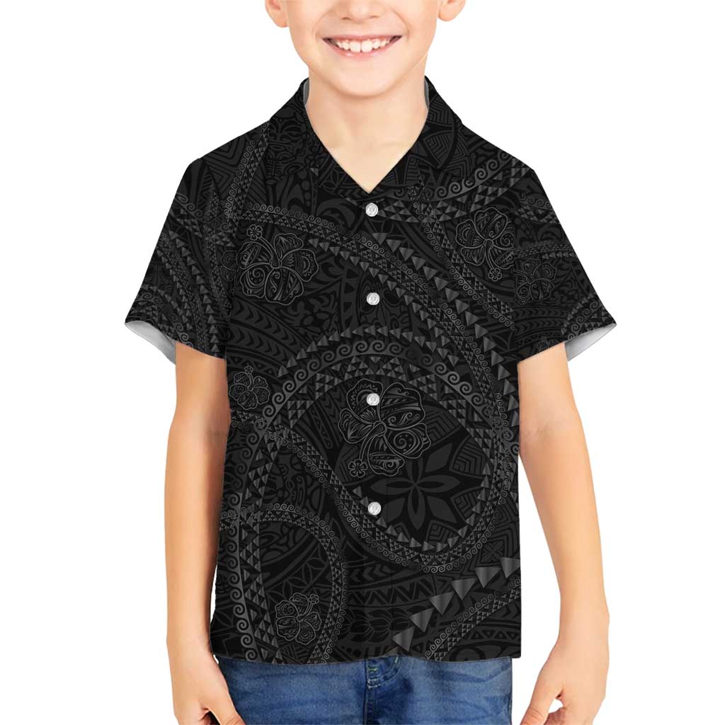 Hawaiian Kakau Art and Hisbiscus Tattoo Family Matching Summer Maxi Dress and Hawaiian Shirt Tribal Pattern-Black Gradient Style LT03 Son's Shirt Black - Polynesian Pride