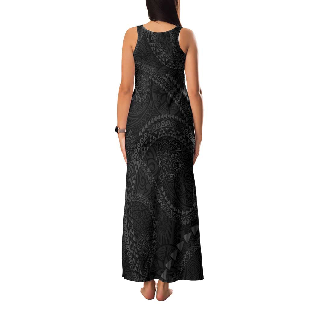 Hawaiian Kakau Art and Hisbiscus Tattoo Family Matching Tank Maxi Dress and Hawaiian Shirt Tribal Pattern-Black Gradient Style LT03 - Polynesian Pride