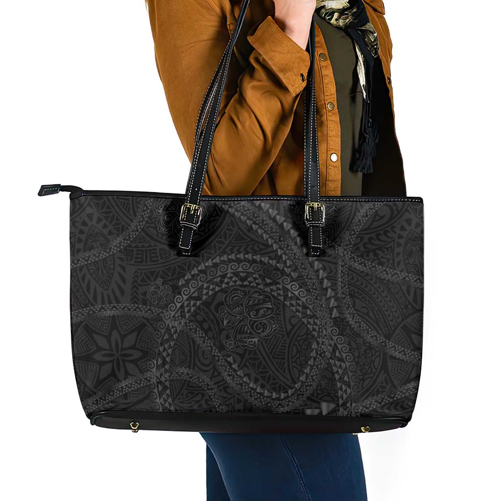 Hawaiian Kakau Art and Hisbiscus Tattoo Leather Tote Bag Tribal Pattern-Black Gradient Style - Polynesian Pride