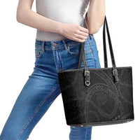 Hawaiian Kakau Art and Hisbiscus Tattoo Leather Tote Bag Tribal Pattern-Black Gradient Style - Polynesian Pride