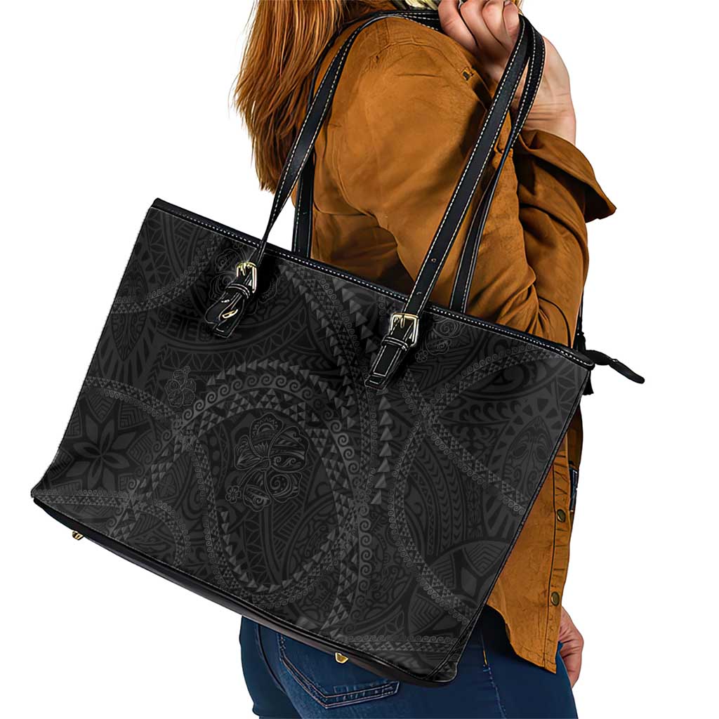 Hawaiian Kakau Art and Hisbiscus Tattoo Leather Tote Bag Tribal Pattern-Black Gradient Style - Polynesian Pride