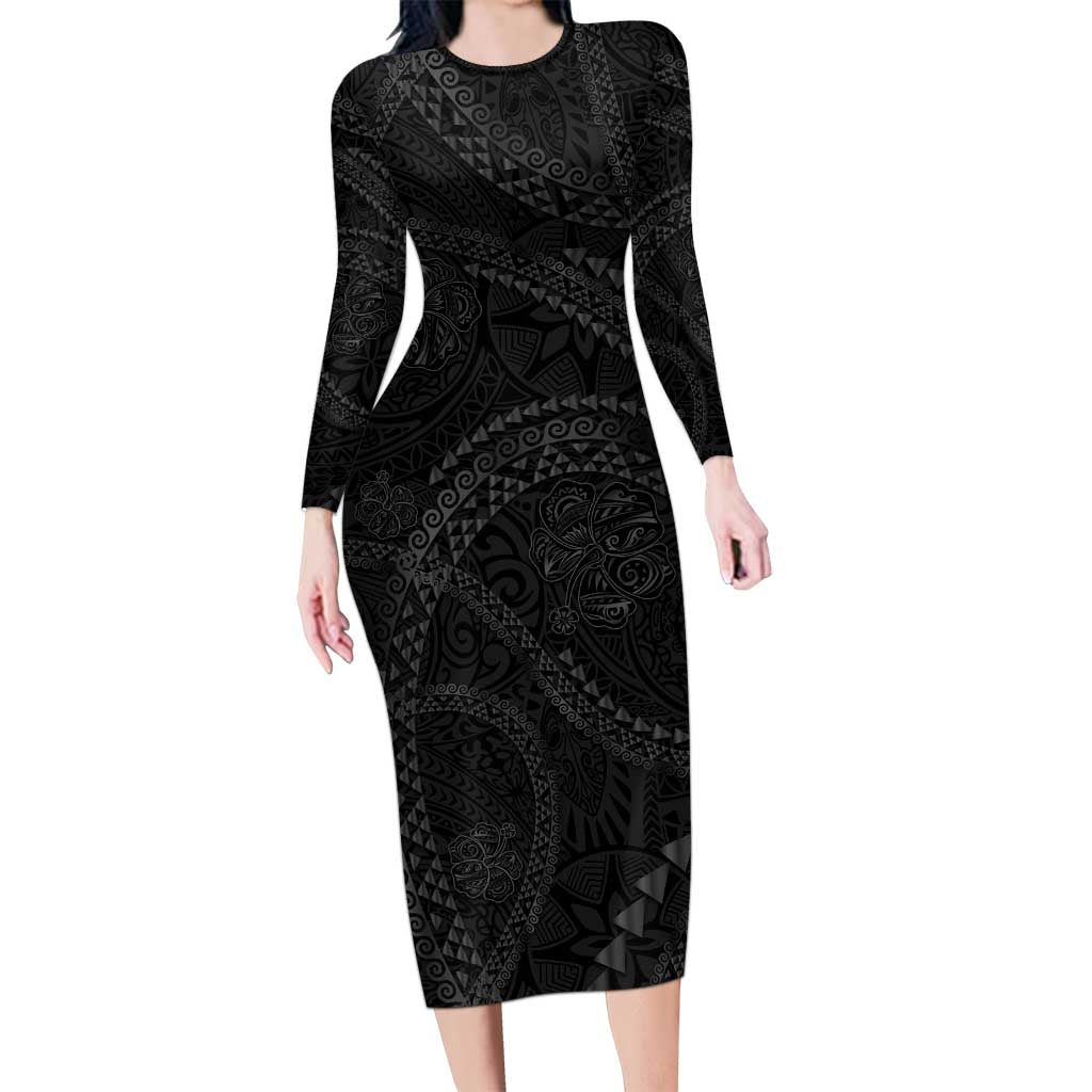 Hawaiian Kakau Art and Hisbiscus Tattoo Long Sleeve Bodycon Dress Tribal Pattern-Black Gradient Style - Polynesian Pride