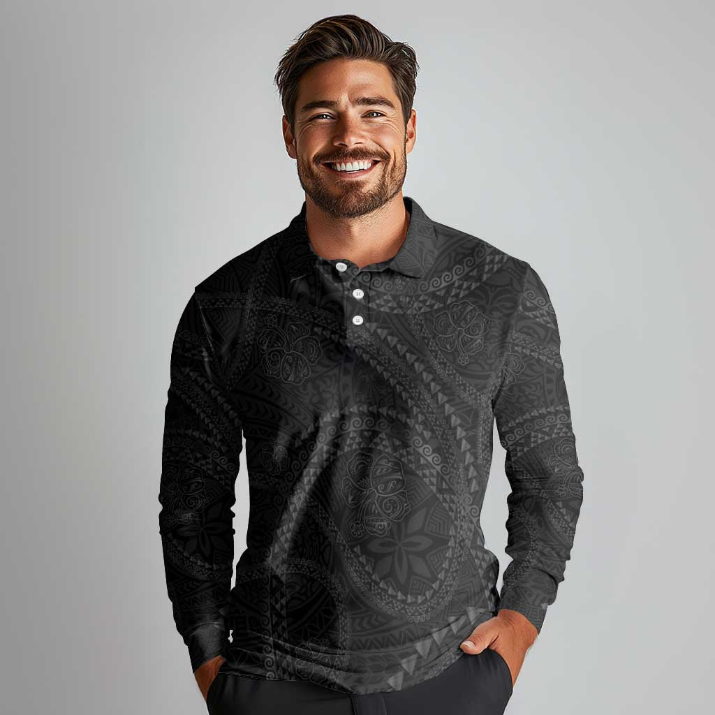 Hawaiian Kakau Art and Hisbiscus Tattoo Long Sleeve Polo Shirt Tribal Pattern-Black Gradient Style - Polynesian Pride