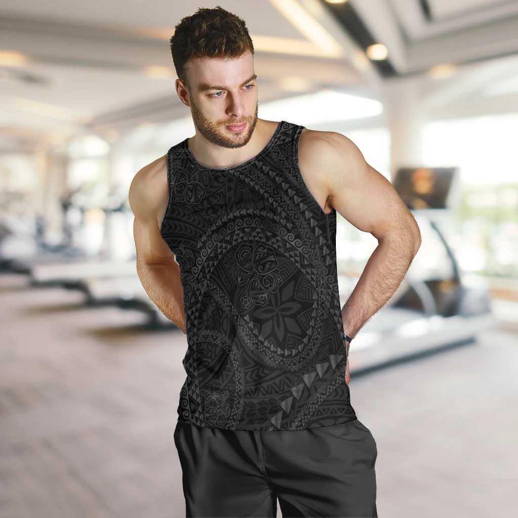 Hawaiian Kakau Art and Hisbiscus Tattoo Men Tank Top Tribal Pattern-Black Gradient Style - Polynesian Pride