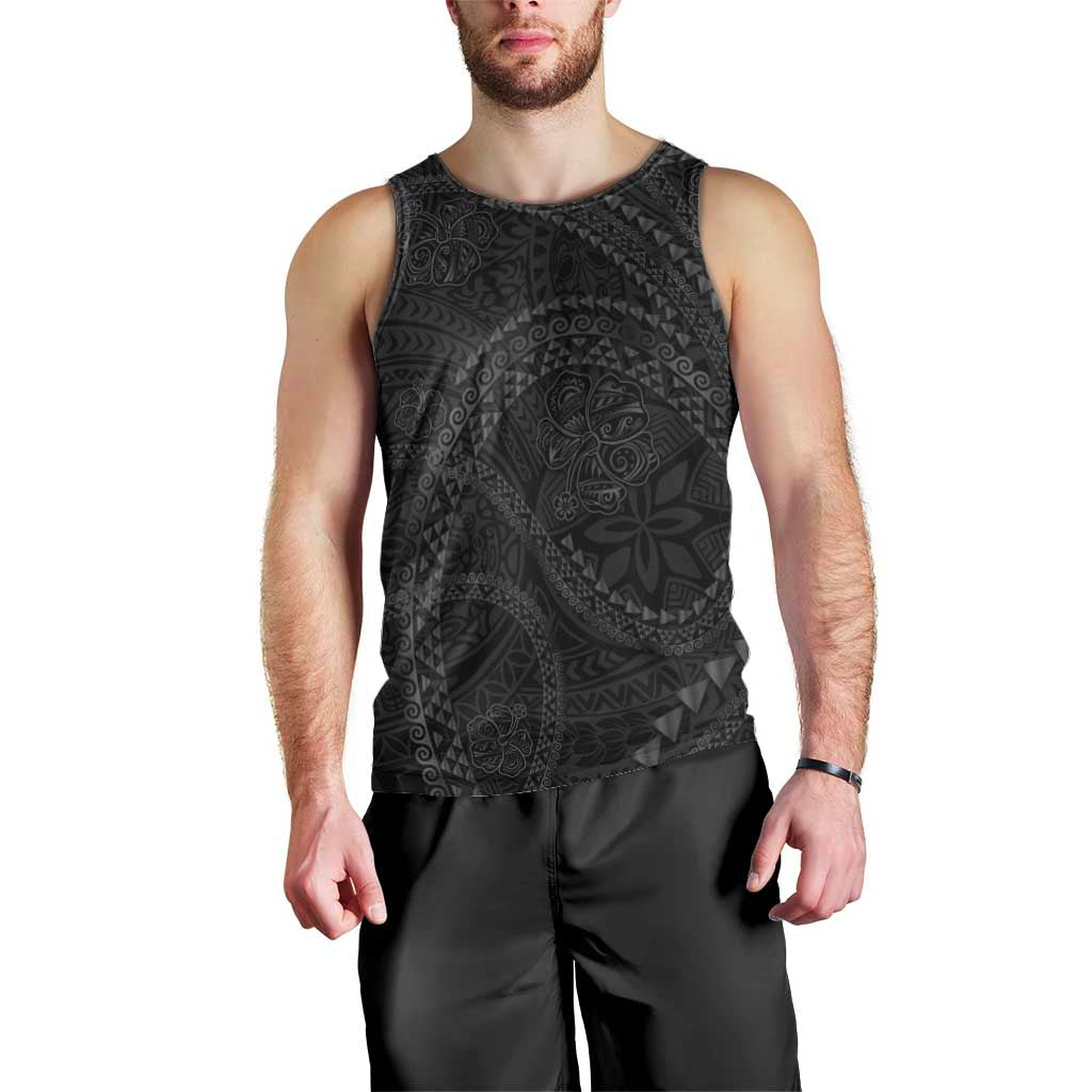 Hawaiian Kakau Art and Hisbiscus Tattoo Men Tank Top Tribal Pattern-Black Gradient Style - Polynesian Pride