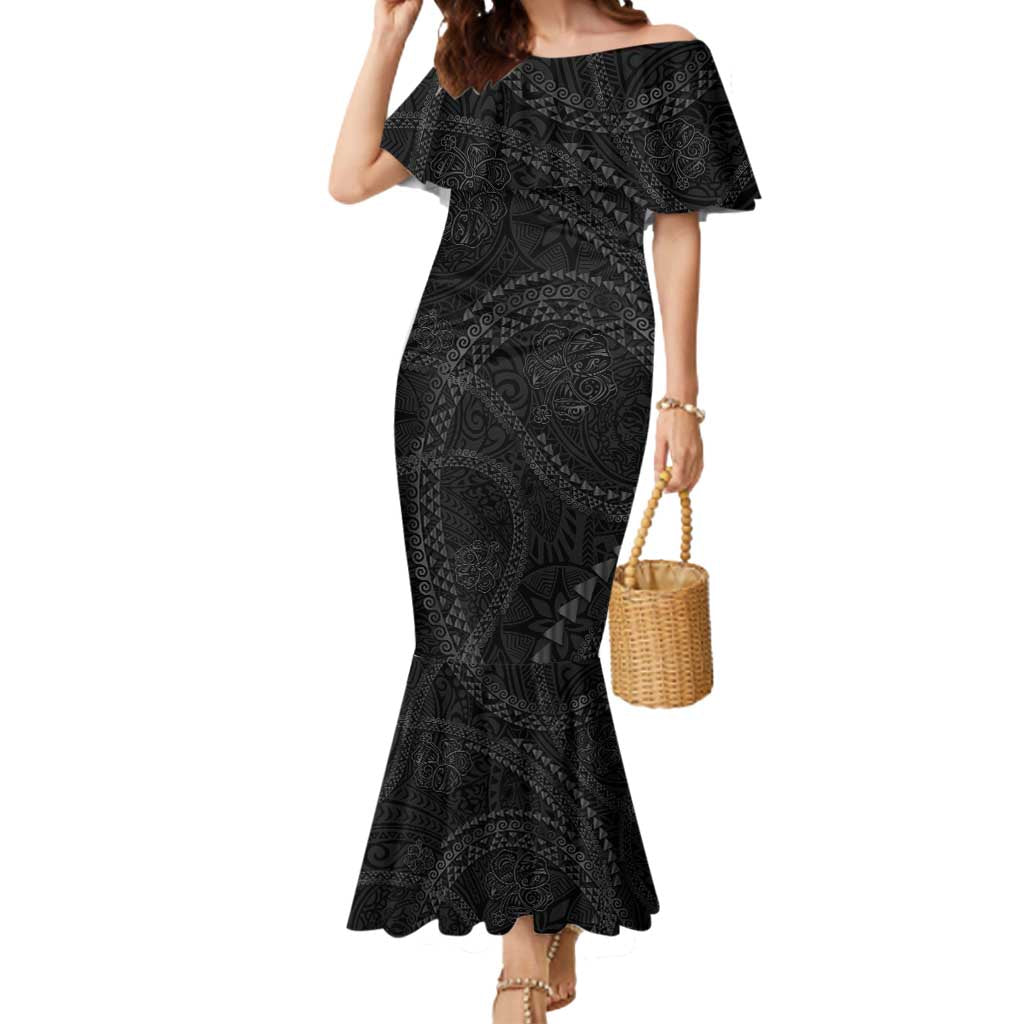 Hawaiian Kakau Art and Hisbiscus Tattoo Mermaid Dress Tribal Pattern-Black Gradient Style - Polynesian Pride