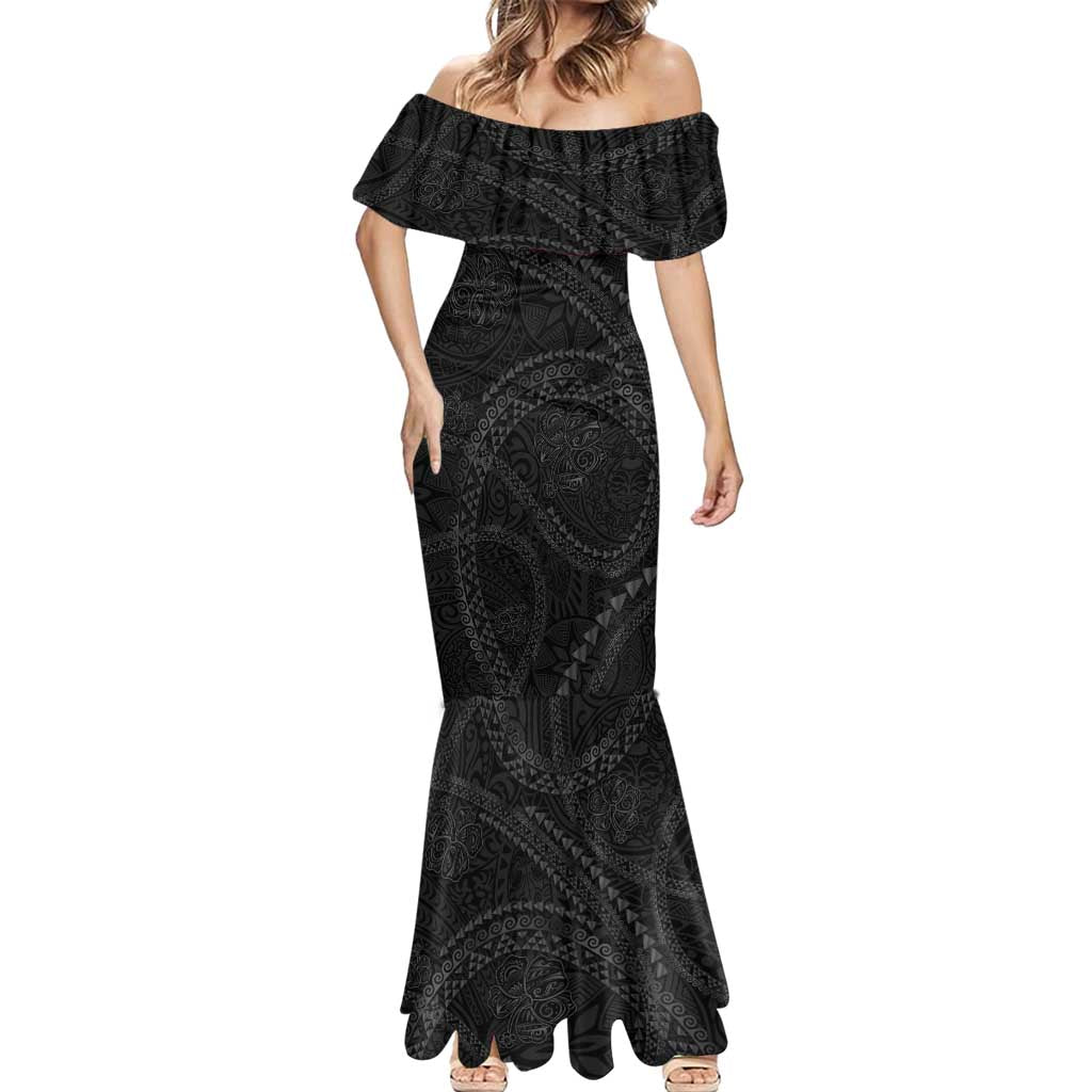 Hawaiian Kakau Art and Hisbiscus Tattoo Mermaid Dress Tribal Pattern-Black Gradient Style - Polynesian Pride