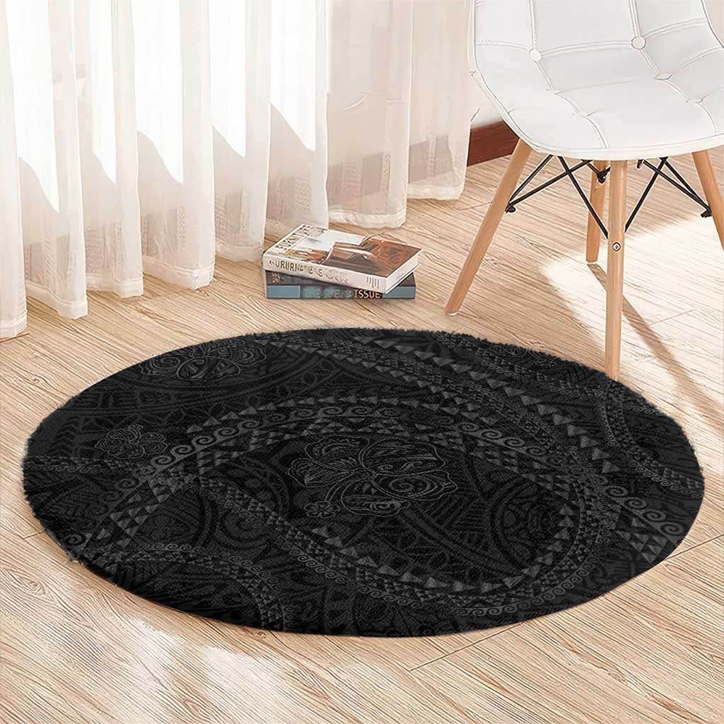 Hawaiian Kakau Art and Hisbiscus Tattoo Round Carpet Tribal Pattern-Black Gradient Style - Polynesian Pride