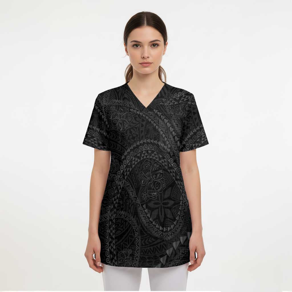 Hawaiian Kakau Art and Hisbiscus Tattoo Scrub Top Tribal Pattern-Black Gradient Style - Polynesian Pride