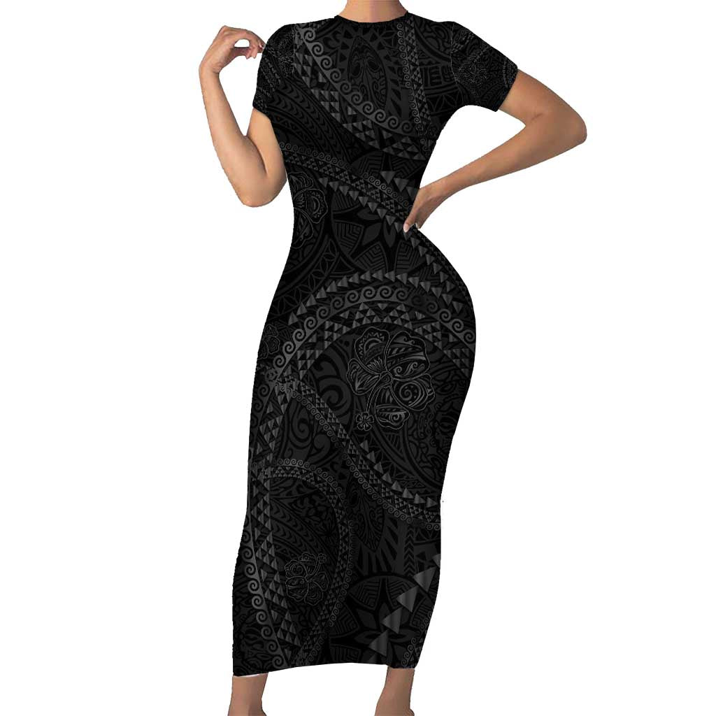 Hawaiian Kakau Art and Hisbiscus Tattoo Short Sleeve Bodycon Dress Tribal Pattern-Black Gradient Style - Polynesian Pride