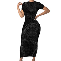 Hawaiian Kakau Art and Hisbiscus Tattoo Short Sleeve Bodycon Dress Tribal Pattern-Black Gradient Style - Polynesian Pride