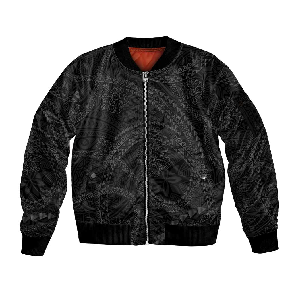 Hawaiian Kakau Art and Hisbiscus Tattoo Sleeve Zip Bomber Jacket Tribal Pattern-Black Gradient Style LT03 Unisex Black - Polynesian Pride