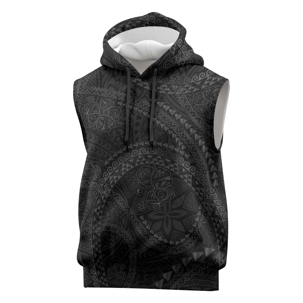 Hawaiian Kakau Art and Hisbiscus Tattoo Sleeveless Hoodie Tribal Pattern-Black Gradient Style LT03 Black - Polynesian Pride