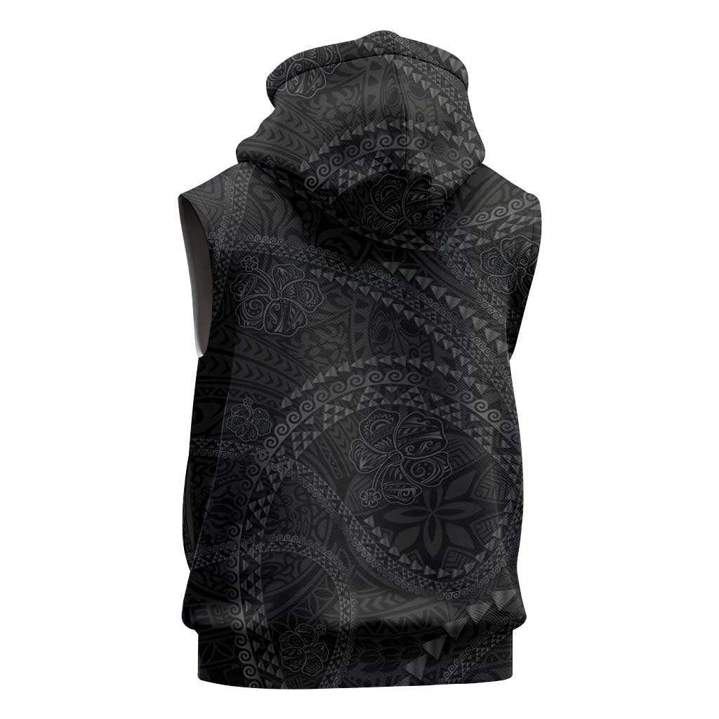 Hawaiian Kakau Art and Hisbiscus Tattoo Sleeveless Hoodie Tribal Pattern-Black Gradient Style LT03 - Polynesian Pride