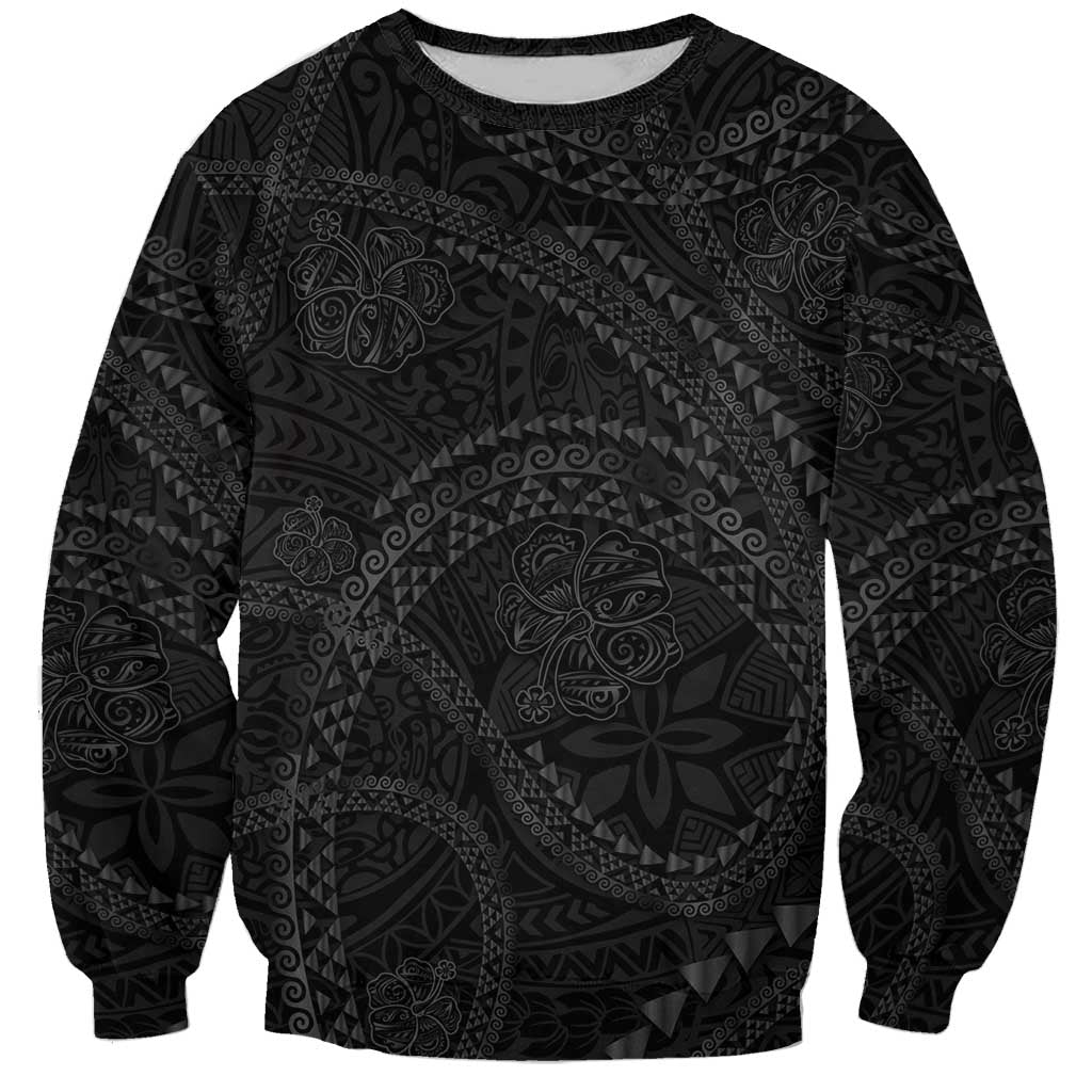 Hawaiian Kakau Art and Hisbiscus Tattoo Sweatshirt Tribal Pattern-Black Gradient Style LT03 Unisex Black - Polynesian Pride