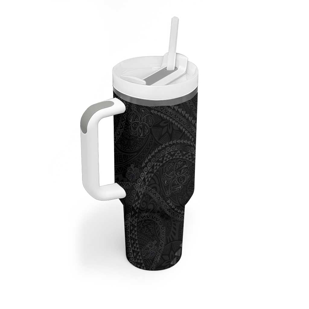 Hawaiian Kakau Art and Hisbiscus Tattoo Tumbler With Handle Tribal Pattern-Black Gradient Style - Polynesian Pride