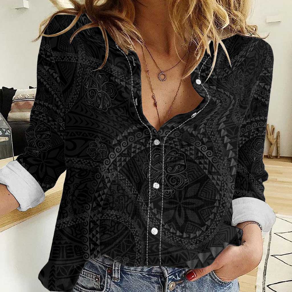 Hawaiian Kakau Art and Hisbiscus Tattoo Women Casual Shirt Tribal Pattern-Black Gradient Style - Polynesian Pride