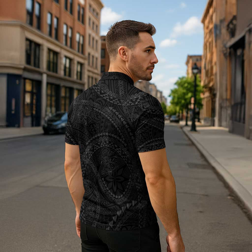 Hawaiian Kakau Art and Hisbiscus Tattoo Zipper Polo Shirt Tribal Pattern-Black Gradient Style - Polynesian Pride
