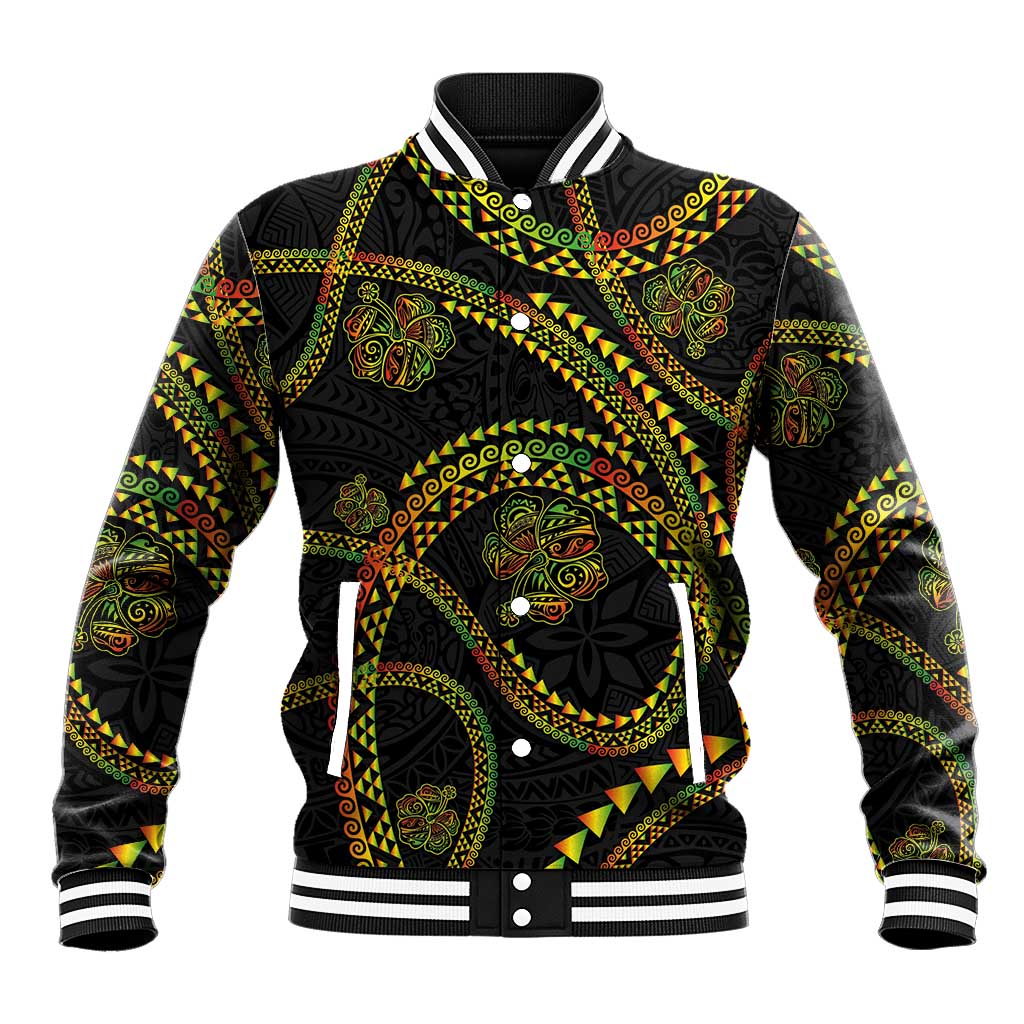 Hawaiian Kakau Art and Hisbiscus Tattoo Baseball Jacket Tribal Pattern-Reggae Style LT03 Unisex Black - Polynesian Pride
